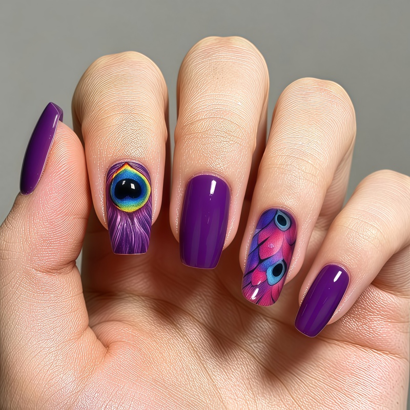 Nail Art Glossy - 24PCS Boho Glossy Purple Peacock Feather