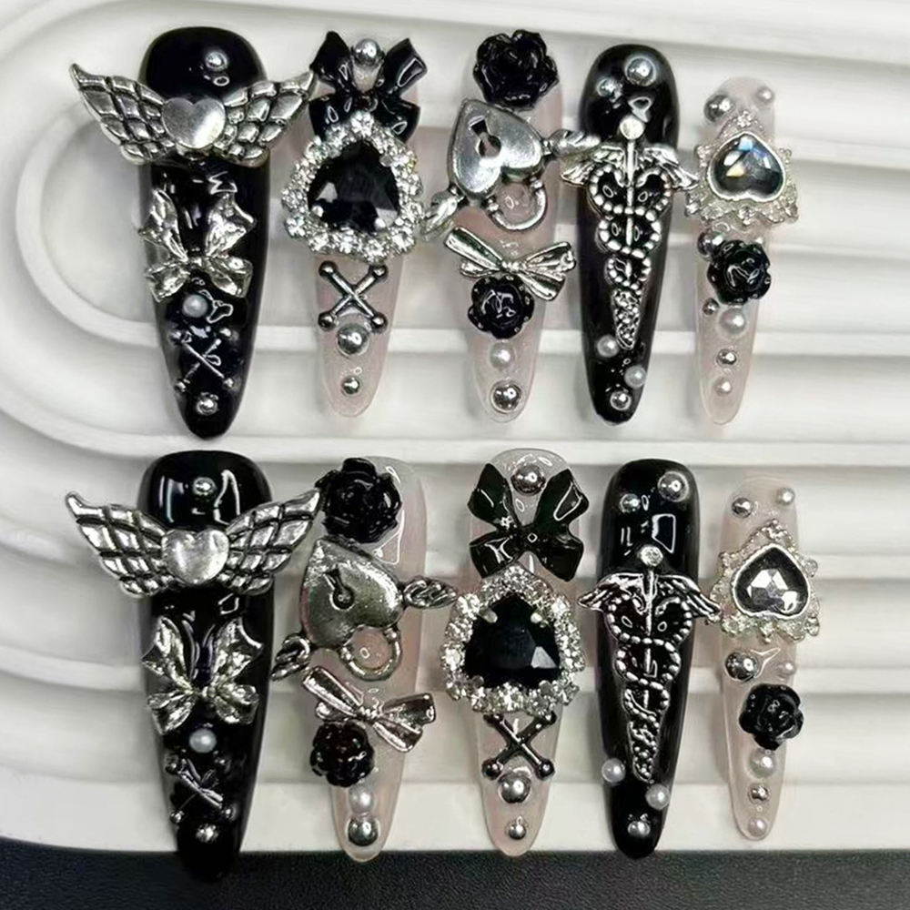 Nail Art French - 10PCS Jirai Y2K Black Pink Long
