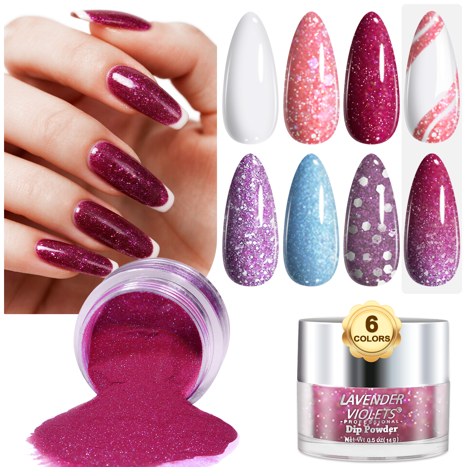 Dip Powder Nail - 6pcs Large Capacity Glitter Pink Purple