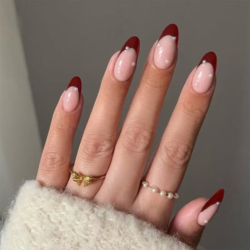 Nail Art Gliter - 24PCS Classic burgundy nail set paired