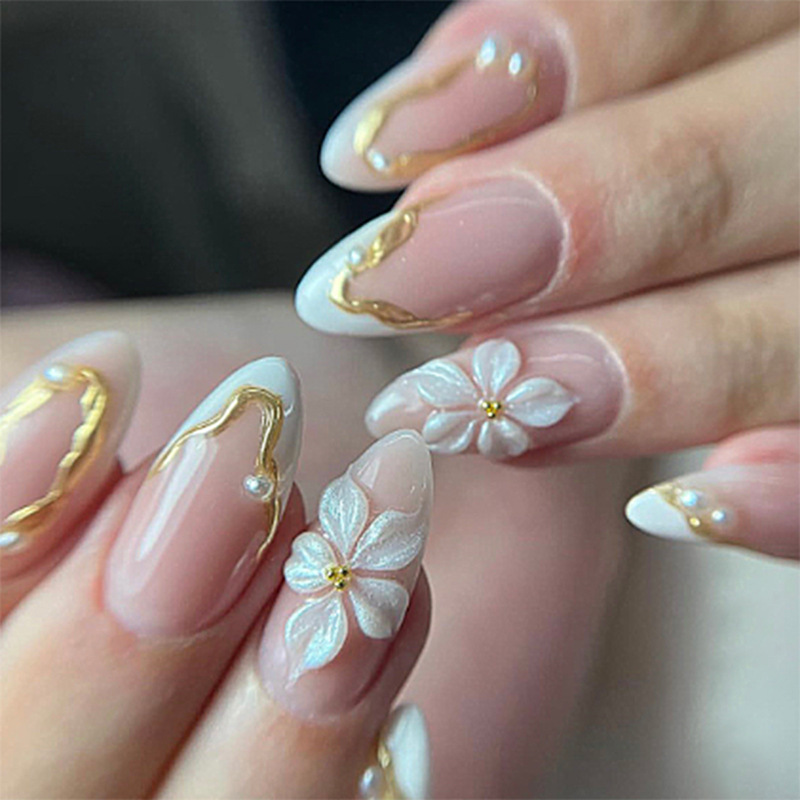 24pcs Flower Long Almond Press - Nail Art French reseña y precio