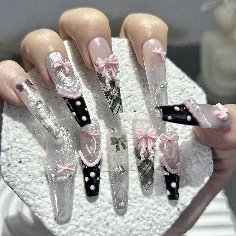 10PCS Y2K Black Pink French Ha - Nail Art Inspo reseña y precio