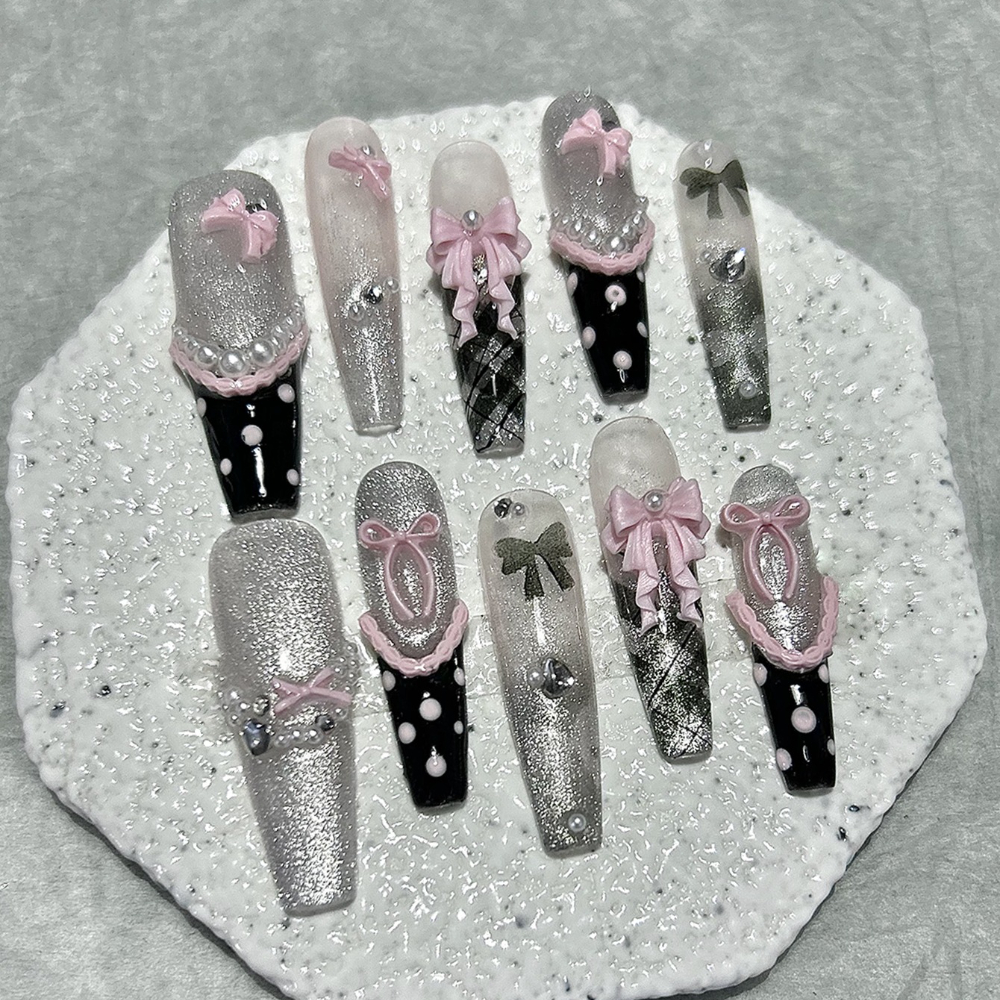10PCS Y2K Black Pink French Ha - Nail Art Inspo reseña y precio