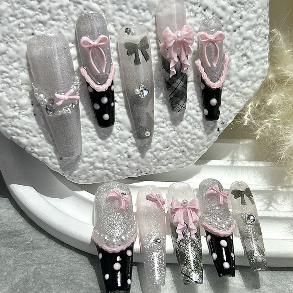 10PCS Y2K Black Pink French Ha - Nail Art Inspo reseña y precio