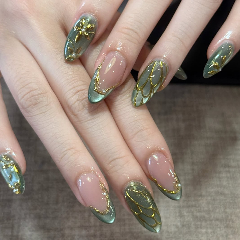 24pcs Green Cat Eye Fake Nails - Nail Art French reseña y precio