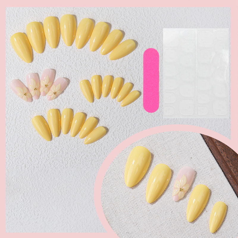 24PCS Yellow Almond Press On N - Nail Art French reseña y precio